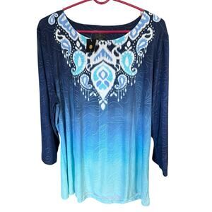JM Collection Blue Ikat 3/4 Sleeve Top Womens 2XL XXL Blouse Paisley Relaxed NWT